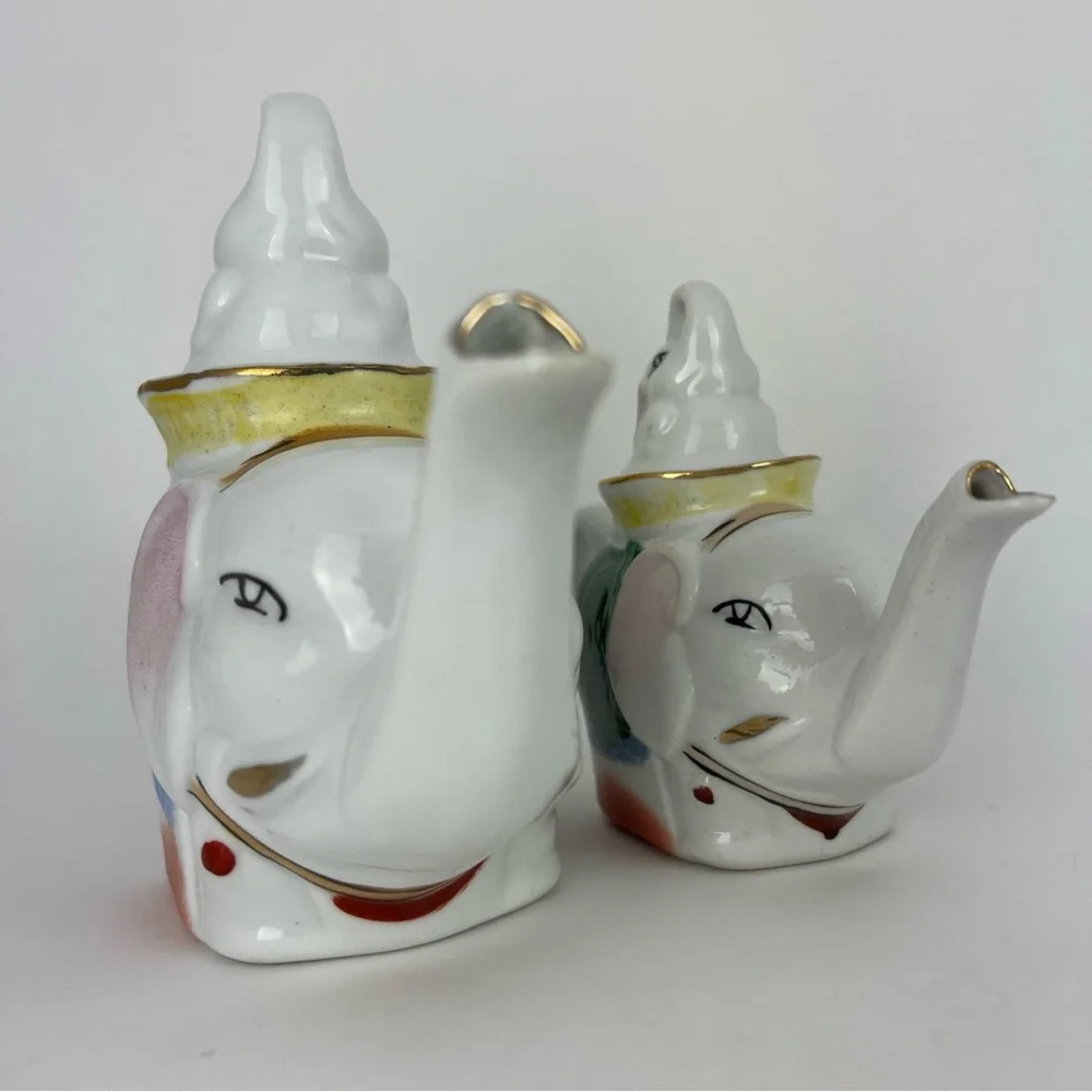 Vintage Pier 1 Set Of 2 Elephant Teapot & Creamer W/ Lids Porcelain Painted